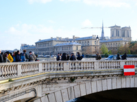 Police prevent pedestrians without accreditation from accessing the Ile de la Cite, where Notre-Dame Cathedral is located. (