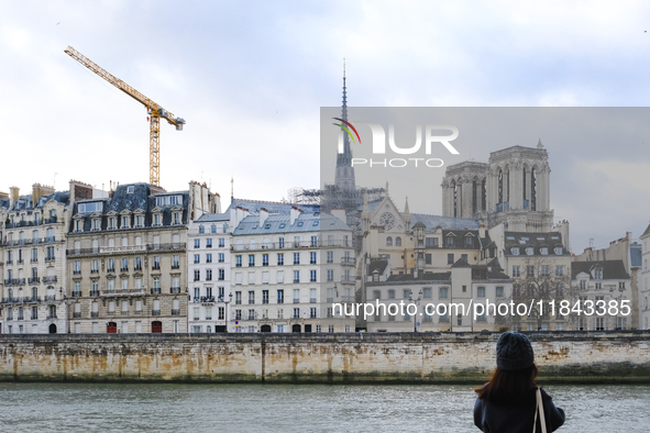 A pedestrian observes Notre-Dame Cathedral in Paris, France, from the quays. 