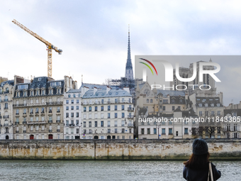 A pedestrian observes Notre-Dame Cathedral in Paris, France, from the quays. (