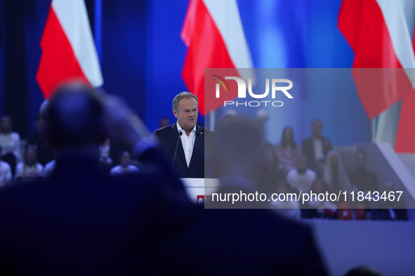 Polish Prime Minister Donald Tusk attends the Civic Coalition convention at PreZero Arena Gliwice in Gliwice, Poland, on December 7, 2024. T...