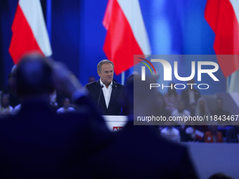 Polish Prime Minister Donald Tusk attends the Civic Coalition convention at PreZero Arena Gliwice in Gliwice, Poland, on December 7, 2024. T...