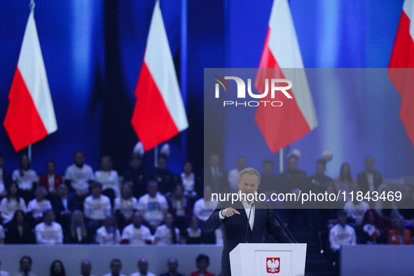 Polish Prime Minister Donald Tusk attends the Civic Coalition convention at PreZero Arena Gliwice in Gliwice, Poland, on December 7, 2024. T...