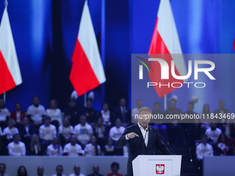 Polish Prime Minister Donald Tusk attends the Civic Coalition convention at PreZero Arena Gliwice in Gliwice, Poland, on December 7, 2024. T...