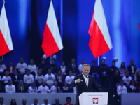 Polish Prime Minister Donald Tusk attends the Civic Coalition convention at PreZero Arena Gliwice in Gliwice, Poland, on December 7, 2024. T...