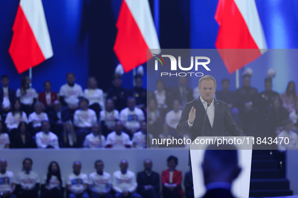 Polish Prime Minister Donald Tusk attends the Civic Coalition convention at PreZero Arena Gliwice in Gliwice, Poland, on December 7, 2024. T...