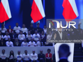 Polish Prime Minister Donald Tusk attends the Civic Coalition convention at PreZero Arena Gliwice in Gliwice, Poland, on December 7, 2024. T...