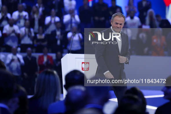 Polish Prime Minister Donald Tusk attends the Civic Coalition convention at PreZero Arena Gliwice in Gliwice, Poland, on December 7, 2024. T...