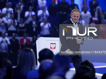 Polish Prime Minister Donald Tusk attends the Civic Coalition convention at PreZero Arena Gliwice in Gliwice, Poland, on December 7, 2024. T...