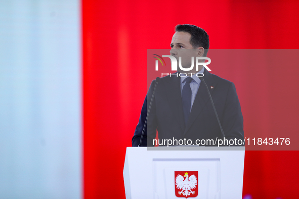 In Gliwice, Poland, on December 7, 2024, Polish presidential candidate and mayor of Warsaw, Rafal Trzaskowski, attends the Civic Coalition C...