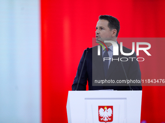 In Gliwice, Poland, on December 7, 2024, Polish presidential candidate and mayor of Warsaw, Rafal Trzaskowski, attends the Civic Coalition C...