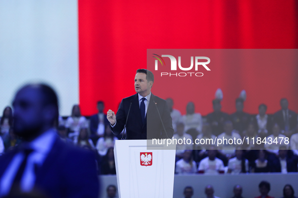 In Gliwice, Poland, on December 7, 2024, Polish presidential candidate and mayor of Warsaw, Rafal Trzaskowski, attends the Civic Coalition C...