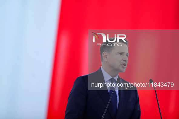 In Gliwice, Poland, on December 7, 2024, Polish presidential candidate and mayor of Warsaw, Rafal Trzaskowski, attends the Civic Coalition C...