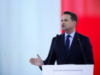 In Gliwice, Poland, on December 7, 2024, Polish presidential candidate and mayor of Warsaw, Rafal Trzaskowski, attends the Civic Coalition C...