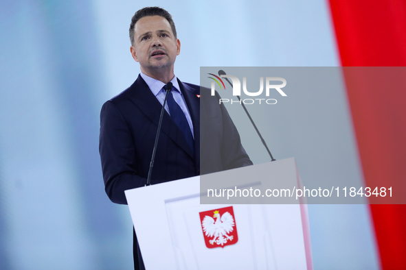 In Gliwice, Poland, on December 7, 2024, Polish presidential candidate and mayor of Warsaw, Rafal Trzaskowski, attends the Civic Coalition C...