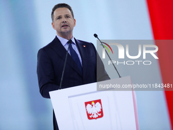 In Gliwice, Poland, on December 7, 2024, Polish presidential candidate and mayor of Warsaw, Rafal Trzaskowski, attends the Civic Coalition C...