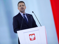 In Gliwice, Poland, on December 7, 2024, Polish presidential candidate and mayor of Warsaw, Rafal Trzaskowski, attends the Civic Coalition C...