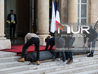 The Elysee Palace undergoes preparations for the official visits of Donald Trump and Volodymyr Zelensky in Paris, France, on December 7, 202...