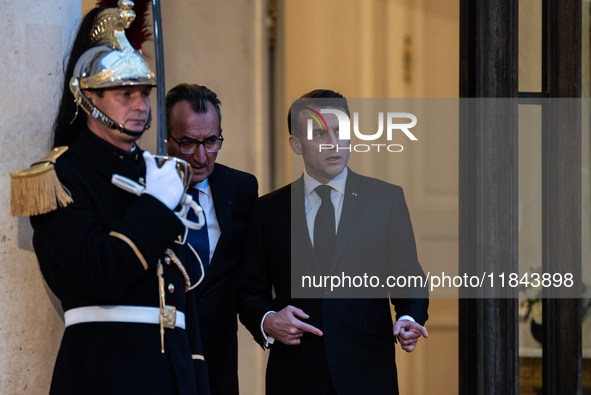 On the sidelines of the grand reopening ceremony of the Notre Dame Cathedral in Paris, France, on December 7, 2024, French President Emmanue...