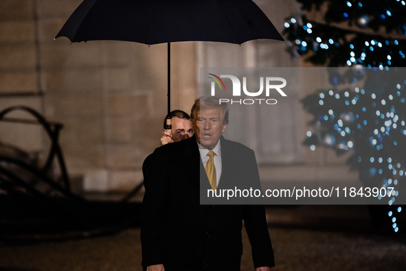 On the sidelines of the grand reopening ceremony of the Notre Dame Cathedral in Paris, France, on December 7, 2024, French President Emmanue...