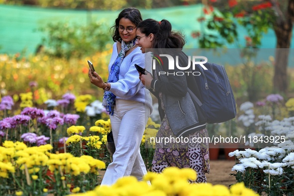 Visitors attend the 38th Chrysanthemum Flower Exhibition at Rajasthan University in Jaipur, Rajasthan, India, on December 7, 2024. 