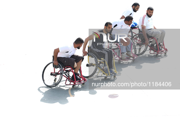 Al Bassma Club Team members during training in the school at Beit Lahiya in the northern Gaza Strip, on April 6, 2016.  Al-Bassma Club is a...