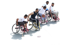 Al Bassma Club Team members during training in the school at Beit Lahiya in the northern Gaza Strip, on April 6, 2016.  Al-Bassma Club is a...