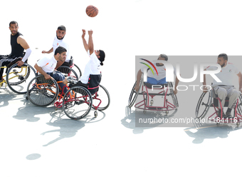 Al Bassma Club Team members during training in the school at Beit Lahiya in the northern Gaza Strip, on April 6, 2016.  Al-Bassma Club is a...