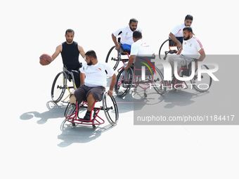 Al Bassma Club Team members during training in the school at Beit Lahiya in the northern Gaza Strip, on April 6, 2016.  Al-Bassma Club is a...