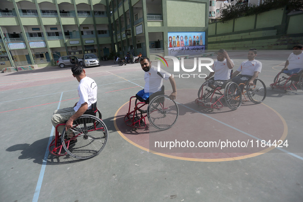 Al Bassma Club Team members during training in the school at Beit Lahiya in the northern Gaza Strip, on April 6, 2016.  Al-Bassma Club is a...