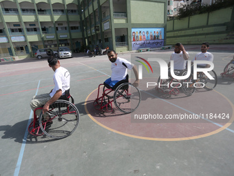 Al Bassma Club Team members during training in the school at Beit Lahiya in the northern Gaza Strip, on April 6, 2016.  Al-Bassma Club is a...