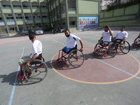 Al Bassma Club Team members during training in the school at Beit Lahiya in the northern Gaza Strip, on April 6, 2016.  Al-Bassma Club is a...