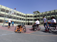 Al Bassma Club Team members during training in the school at Beit Lahiya in the northern Gaza Strip, on April 6, 2016.  Al-Bassma Club is a...