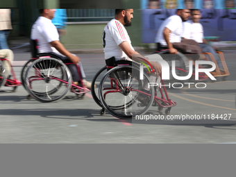 Al Bassma Club Team members during training in the school at Beit Lahiya in the northern Gaza Strip, on April 6, 2016.  Al-Bassma Club is a...