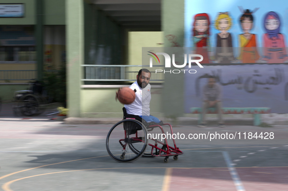 A member of Al Bassma Club Team during training in the school at Beit Lahiya in the northern Gaza Strip, on April 6, 2016.  Al-Bassma Club i...