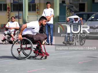 A member of Al Bassma Club Team during training in the school at Beit Lahiya in the northern Gaza Strip, on April 6, 2016.  Al-Bassma Club i...