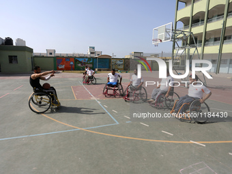 Al Bassma Club Team members during training in the school at Beit Lahiya in the northern Gaza Strip, on April 6, 2016.  Al-Bassma Club is a...