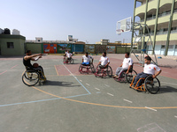 Al Bassma Club Team members during training in the school at Beit Lahiya in the northern Gaza Strip, on April 6, 2016.  Al-Bassma Club is a...