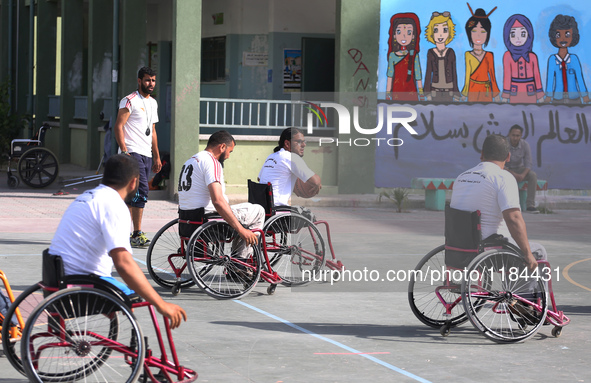 Al Bassma Club Team members during training in the school at Beit Lahiya in the northern Gaza Strip, on April 6, 2016.  Al-Bassma Club is a...