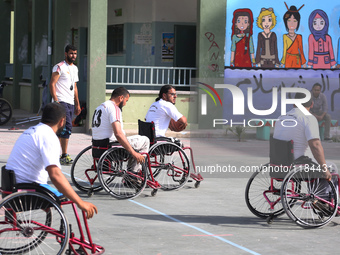 Al Bassma Club Team members during training in the school at Beit Lahiya in the northern Gaza Strip, on April 6, 2016.  Al-Bassma Club is a...