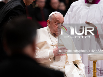 Pope Francis attends an Ordinary Public Consistory for the creation of new cardinals at St. Peter's Basilica in the Vatican on December 7, 2...