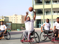 Al Bassma Club Team members during training in the school at Beit Lahiya in the northern Gaza Strip, on April 6, 2016.  Al-Bassma Club is a...