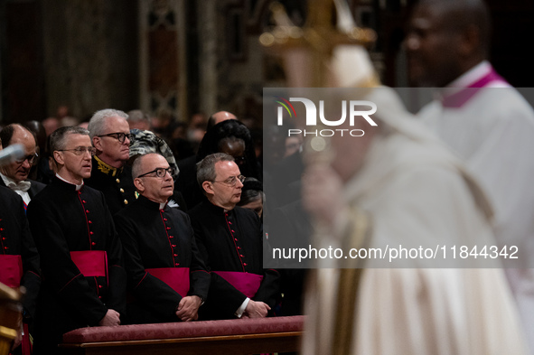 Pope Francis attends an Ordinary Public Consistory for the creation of new cardinals at St. Peter's Basilica in the Vatican on December 7, 2...