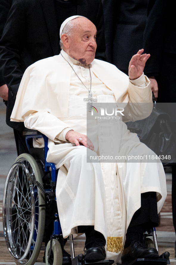 Pope Francis attends an Ordinary Public Consistory for the creation of new cardinals at St. Peter's Basilica in the Vatican on December 7, 2...