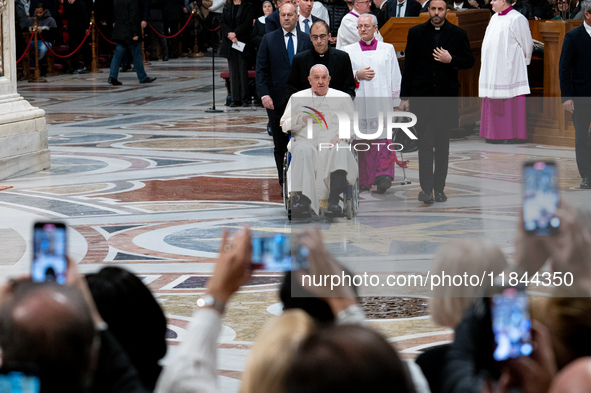 Pope Francis attends an Ordinary Public Consistory for the creation of new cardinals at St. Peter's Basilica in the Vatican on December 7, 2...