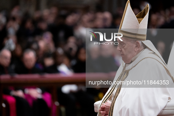 Pope Francis attends an Ordinary Public Consistory for the creation of new cardinals at St. Peter's Basilica in the Vatican on December 7, 2...