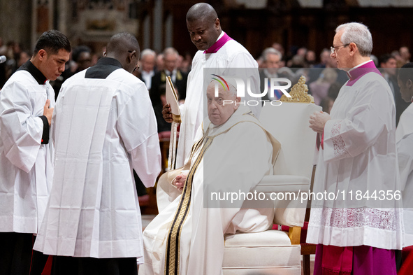 Pope Francis attends an Ordinary Public Consistory for the creation of new cardinals at St. Peter's Basilica in the Vatican on December 7, 2...