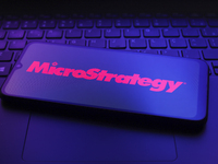 The MicroStrategy Incorporated logo appears on the screen of a smartphone in Reno, United States, on December 7, 2024. (