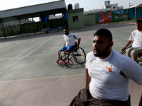 Al Bassma Club Team members during training in the school at Beit Lahiya in the northern Gaza Strip, on April 6, 2016.  Al-Bassma Club is a...