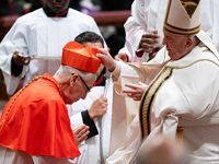 Peruvian Cardinal Carlos Gustavo Castillo Mattasoglio receives his biretta as he is appointed cardinal by Pope Francis during a consistory c...