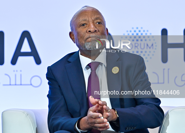 Nangolo Mbumba, President of Namibia, participates in a panel discussion during the Doha Forum 2024 at Sheraton Grand Doha Resort & Conventi...